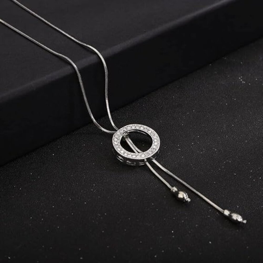 Adjustable Necklace with Circle Pendant Long Chain Necklace Silver Alloy Metal